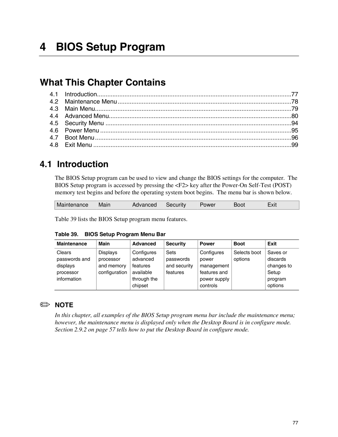 Intel D865PCD specifications Lists the Bios Setup program menu features, Bios Setup Program Menu Bar 