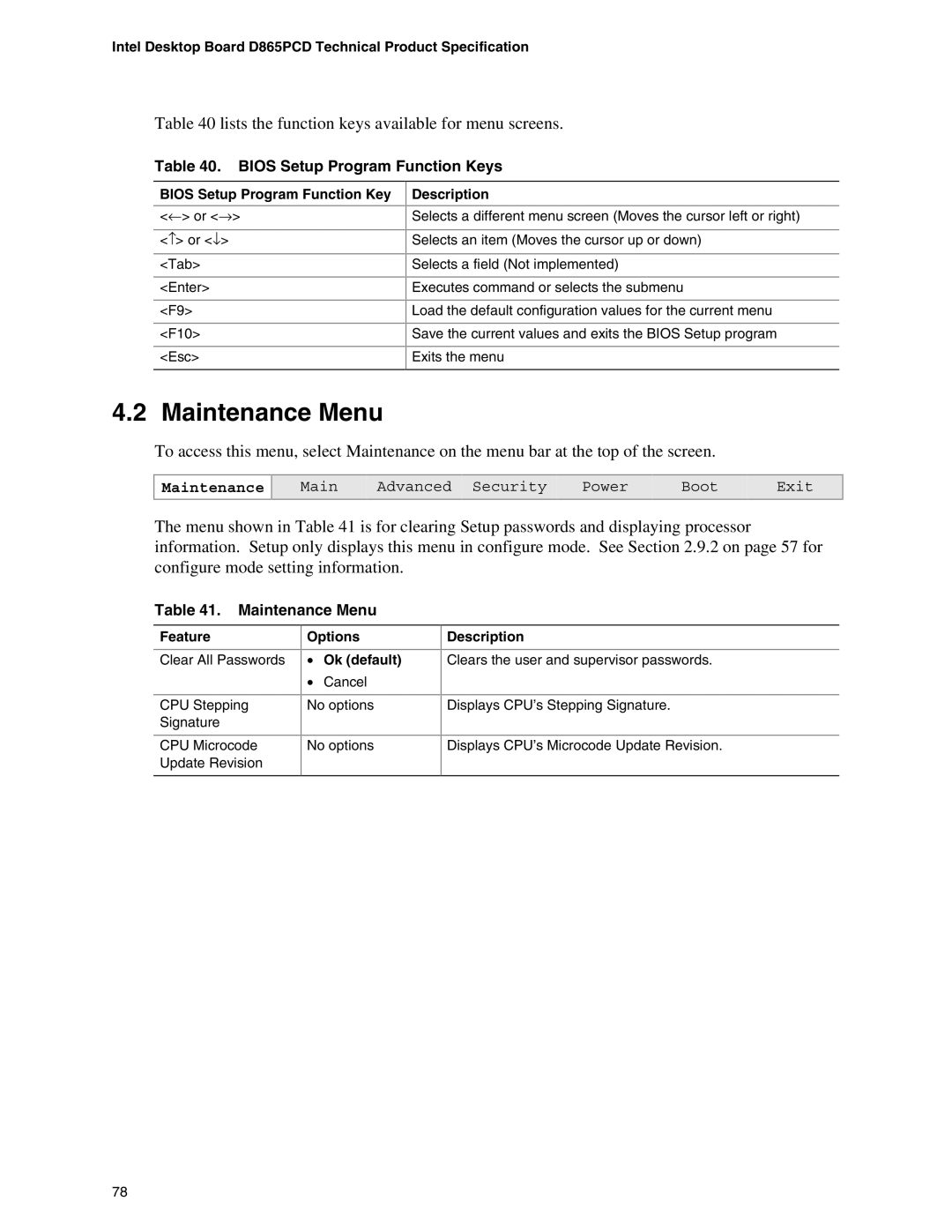 Intel D865PCD Maintenance Menu, Lists the function keys available for menu screens, Bios Setup Program Function Keys 