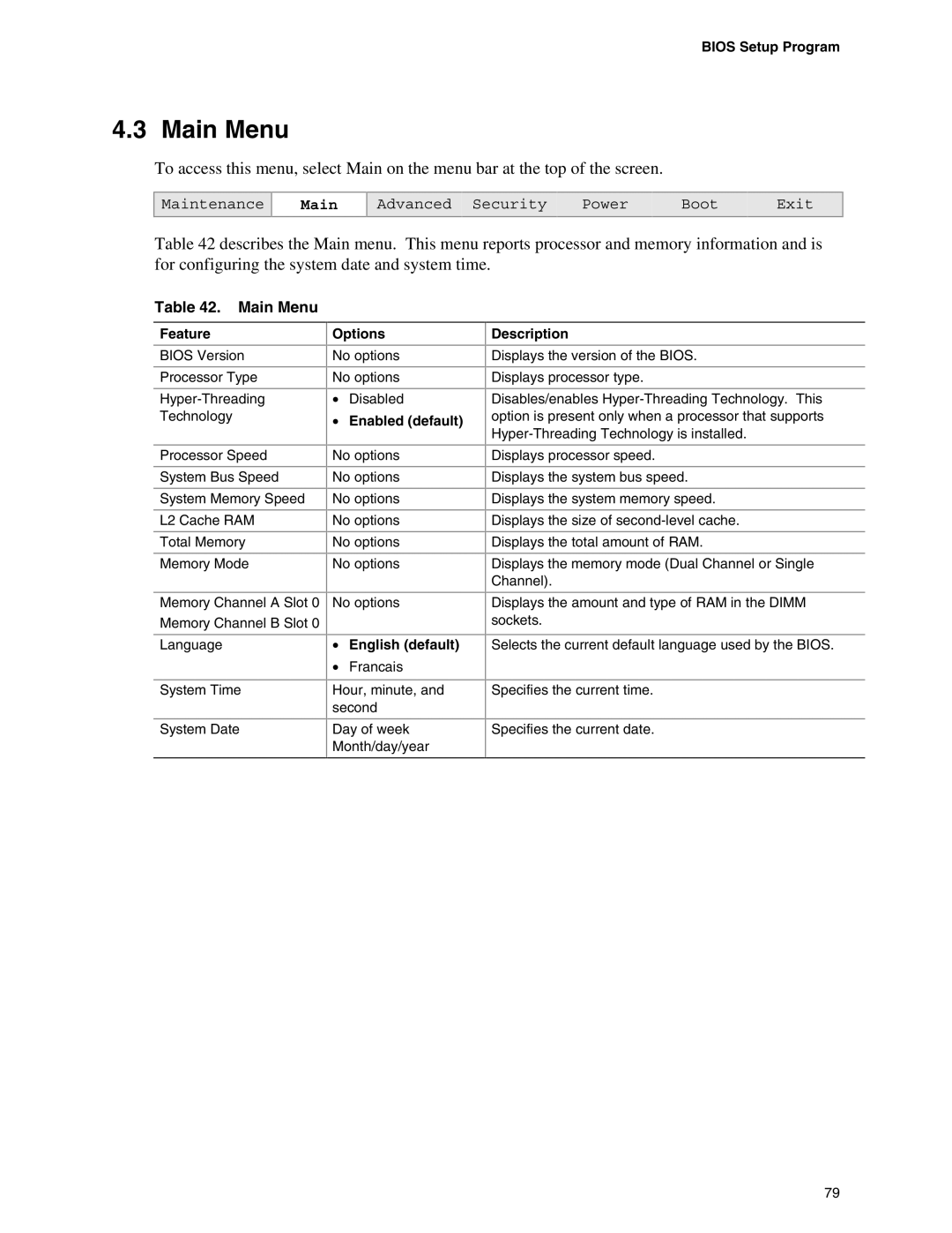 Intel D865PCD specifications Main Menu 