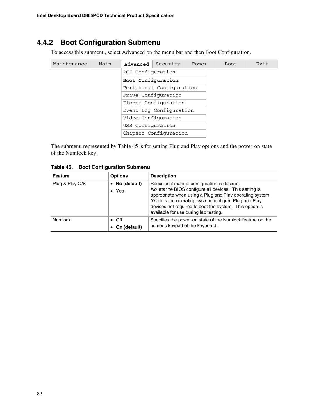 Intel D865PCD specifications Boot Configuration Submenu, Options No default, On default Description 