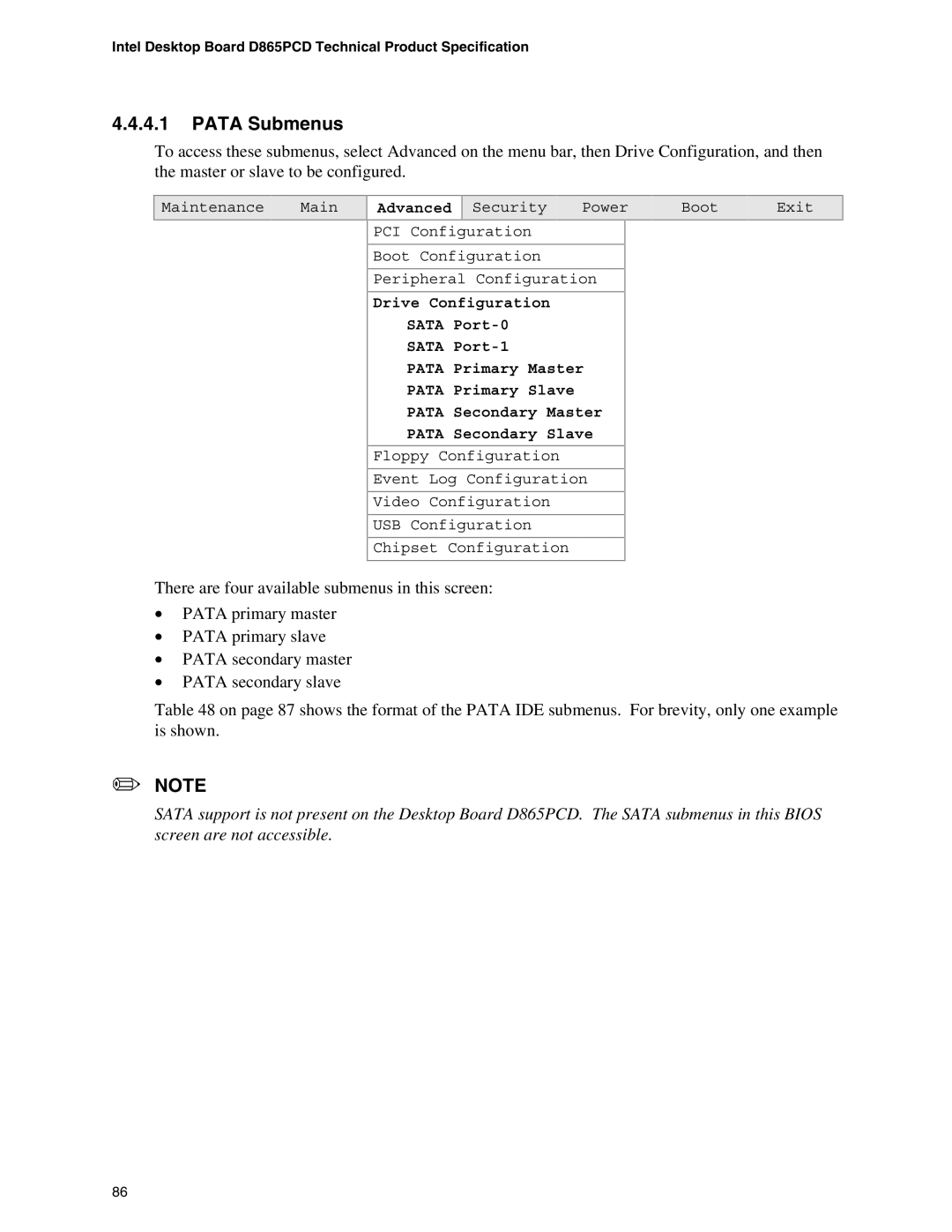 Intel D865PCD specifications Pata Submenus 