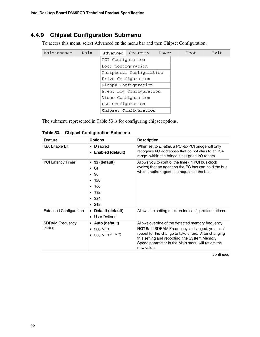 Intel D865PCD Chipset Configuration Submenu, Submenu represented in is for configuring chipset options, Default default 