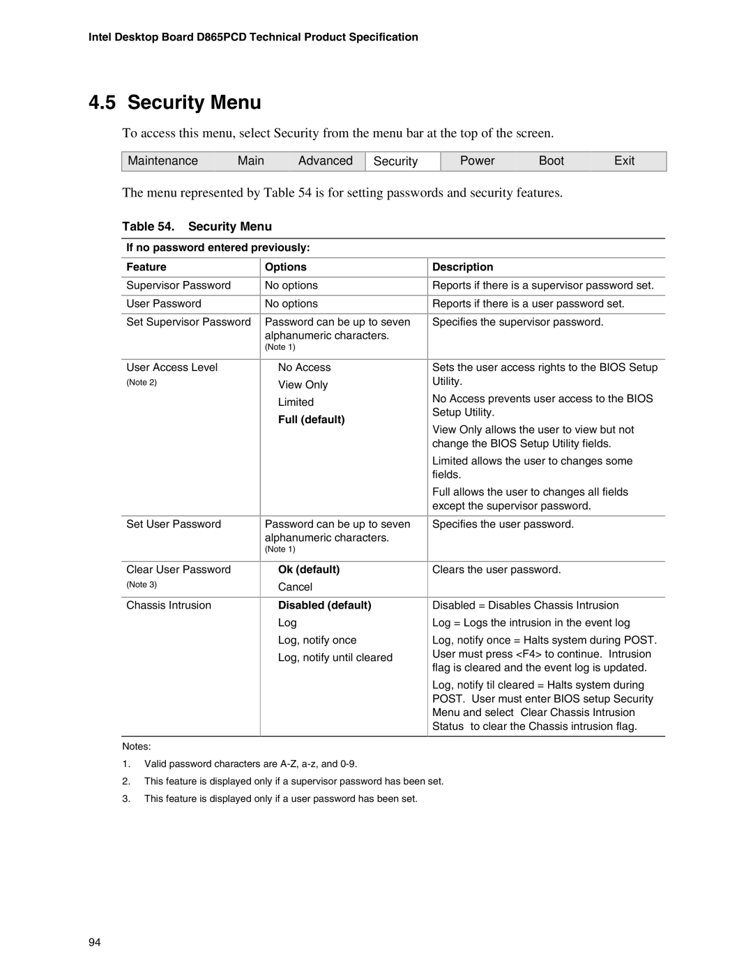 Intel D865PCD specifications Security Menu, If no password entered previously Feature, Full default 