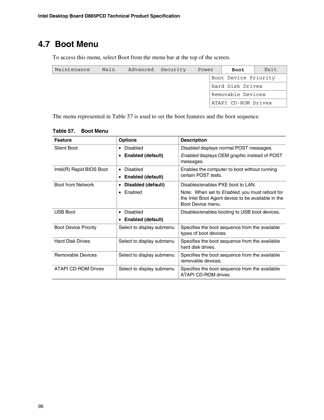 Intel D865PCD specifications Boot Menu 