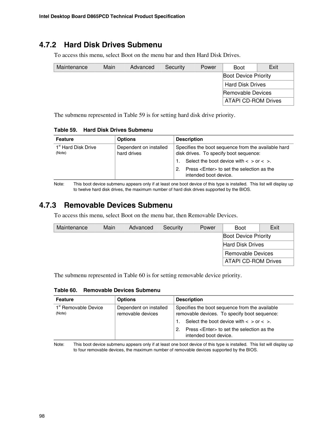 Intel D865PCD specifications Hard Disk Drives Submenu, Removable Devices Submenu 