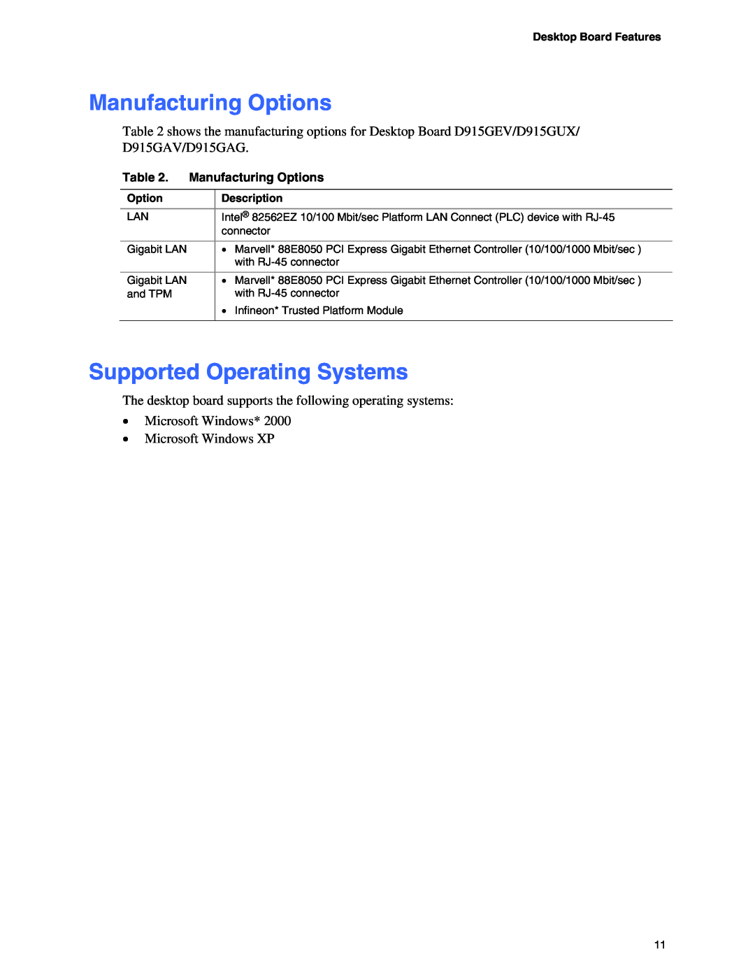 Intel D915GAV, D915GAG, D915GUX, D915GEV manual Manufacturing Options, Supported Operating Systems 