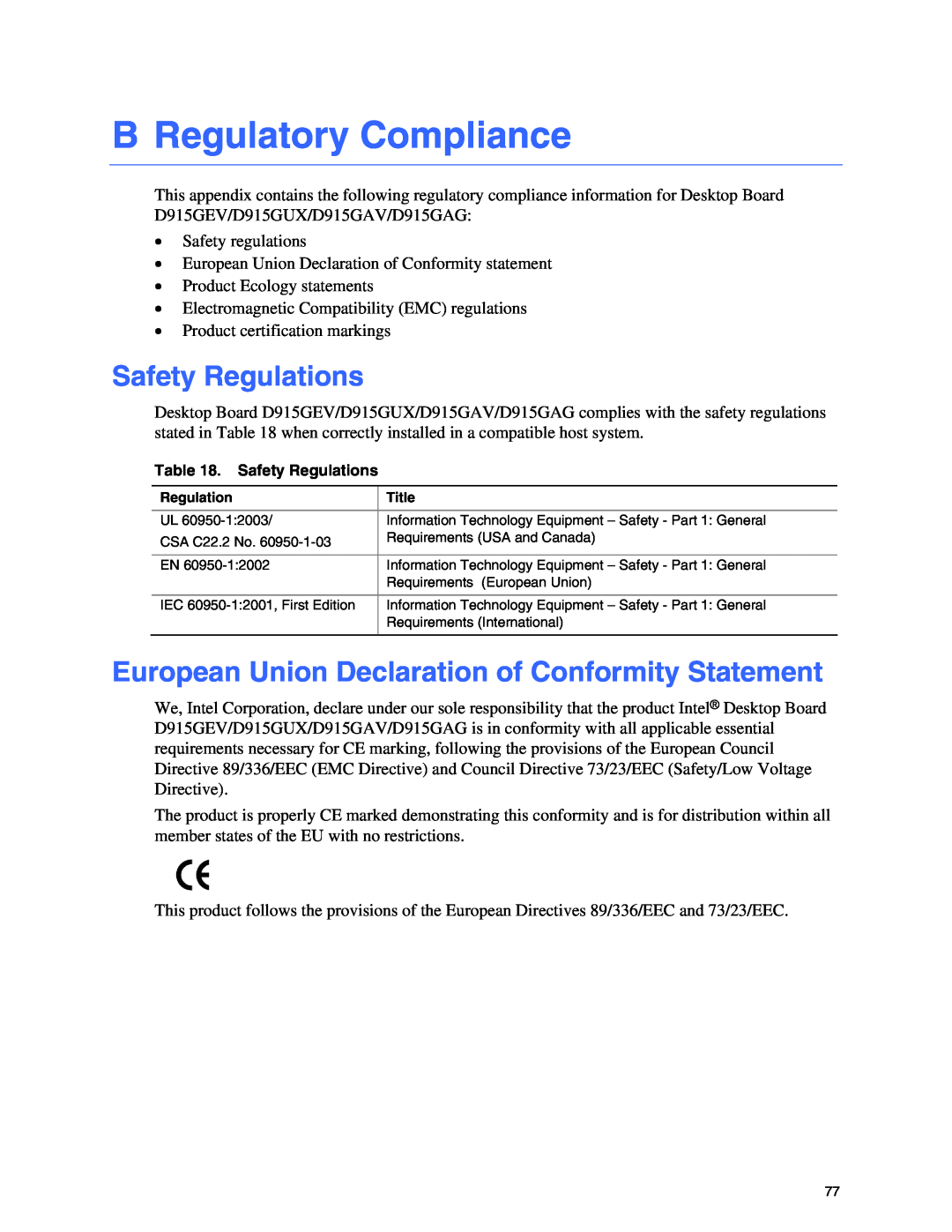 Intel D915GUX, D915GAG, D915GEV, D915GAV manual B Regulatory Compliance, Safety Regulations 