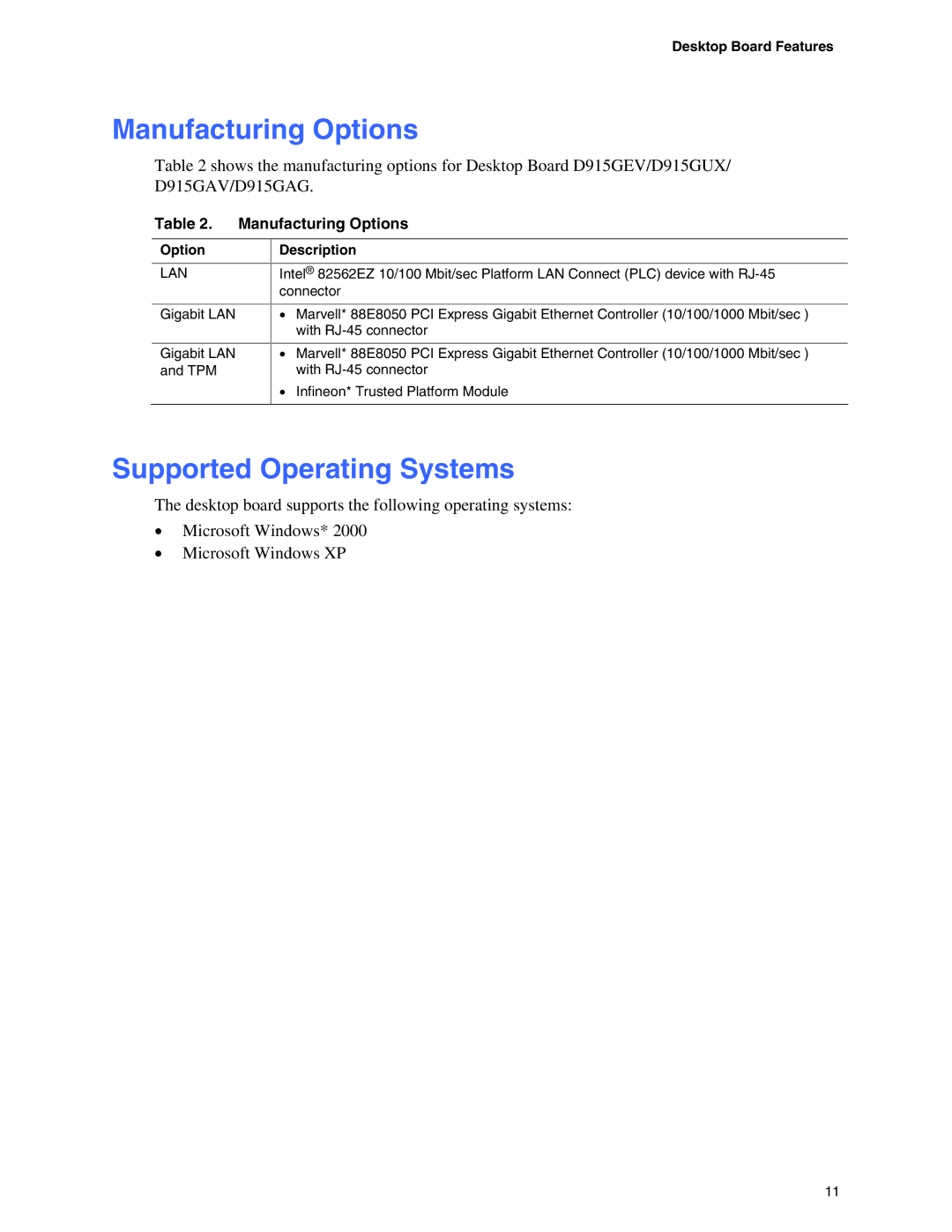 Intel D915GAV, D915GAG manual Manufacturing Options, Supported Operating Systems, Desktop Board Features, Option Description 