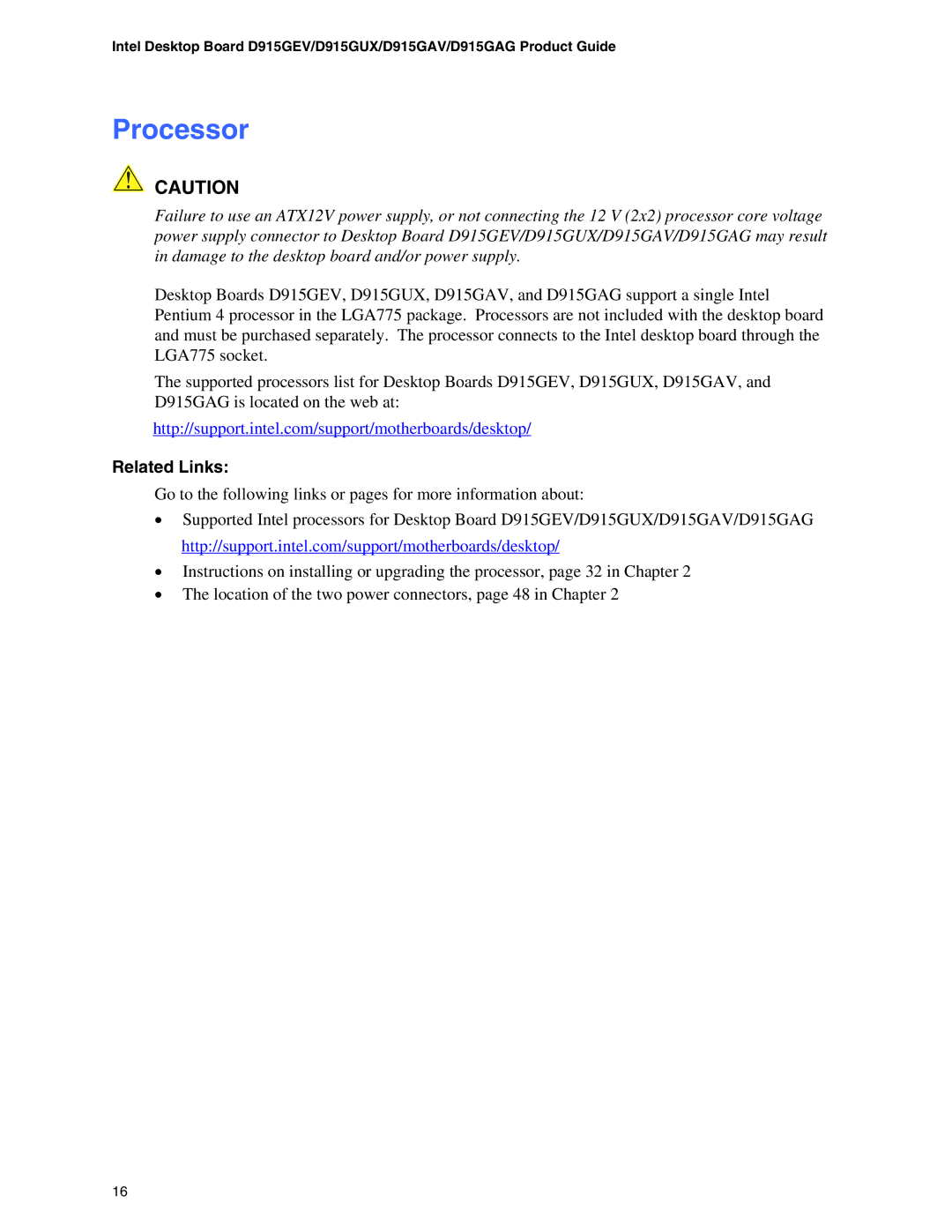 Intel D915GAG, D915GUX, D915GEV, D915GAV manual Processor 