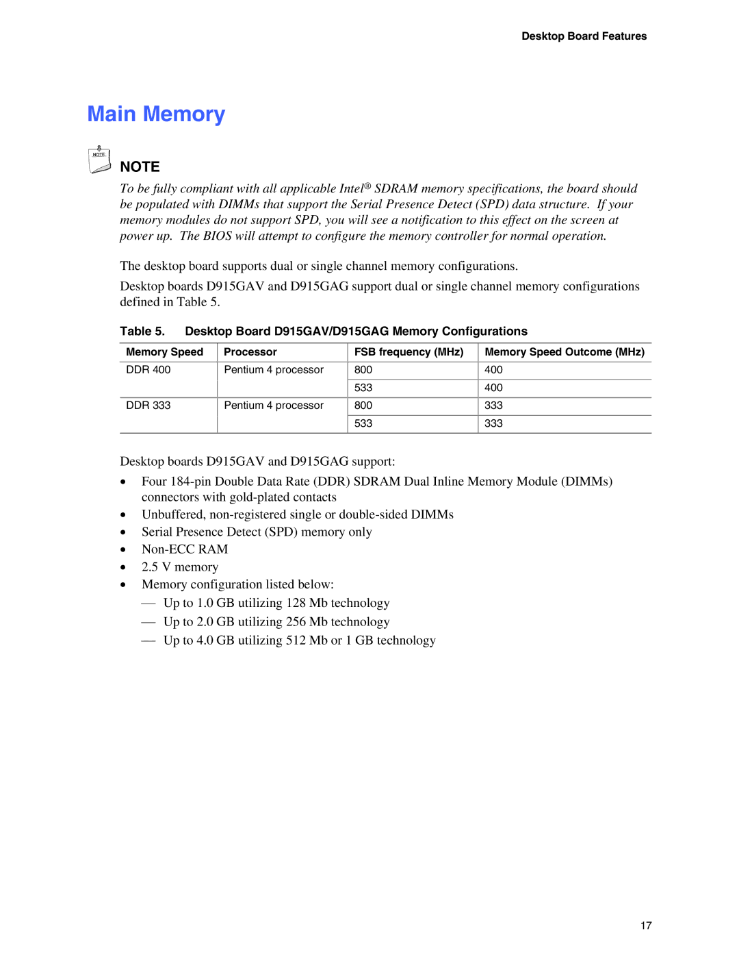 Intel D915GUX, D915GEV manual Main Memory, Desktop Board D915GAV/D915GAG Memory Configurations 