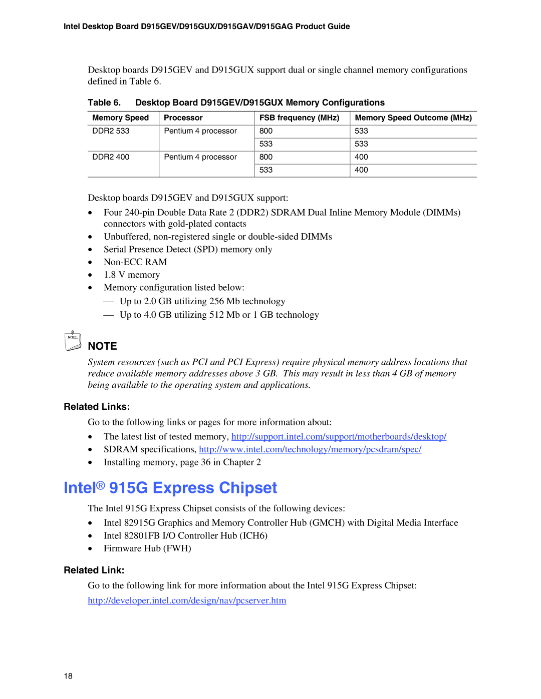 Intel D915GAG, D915GAV manual Intel 915G Express Chipset, Desktop Board D915GEV/D915GUX Memory Configurations 