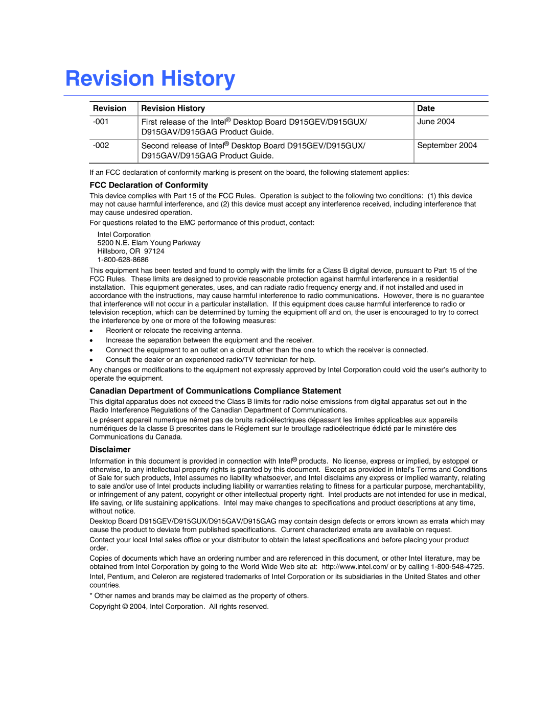 Intel D915GEV, D915GAG, D915GUX, D915GAV manual Revision Revision History Date, FCC Declaration of Conformity, Disclaimer 