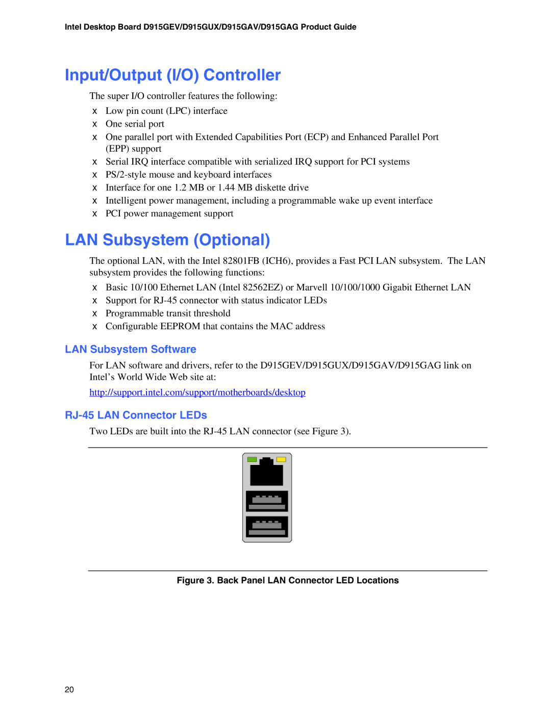 Intel D915GAG manual Input/Output I/O Controller, LAN Subsystem Optional, LAN Subsystem Software, RJ-45 LAN Connector LEDs 