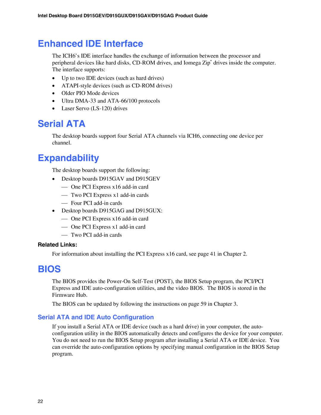 Intel D915GEV, D915GAG, D915GUX, D915GAV Enhanced IDE Interface, Expandability, Serial ATA and IDE Auto Configuration 