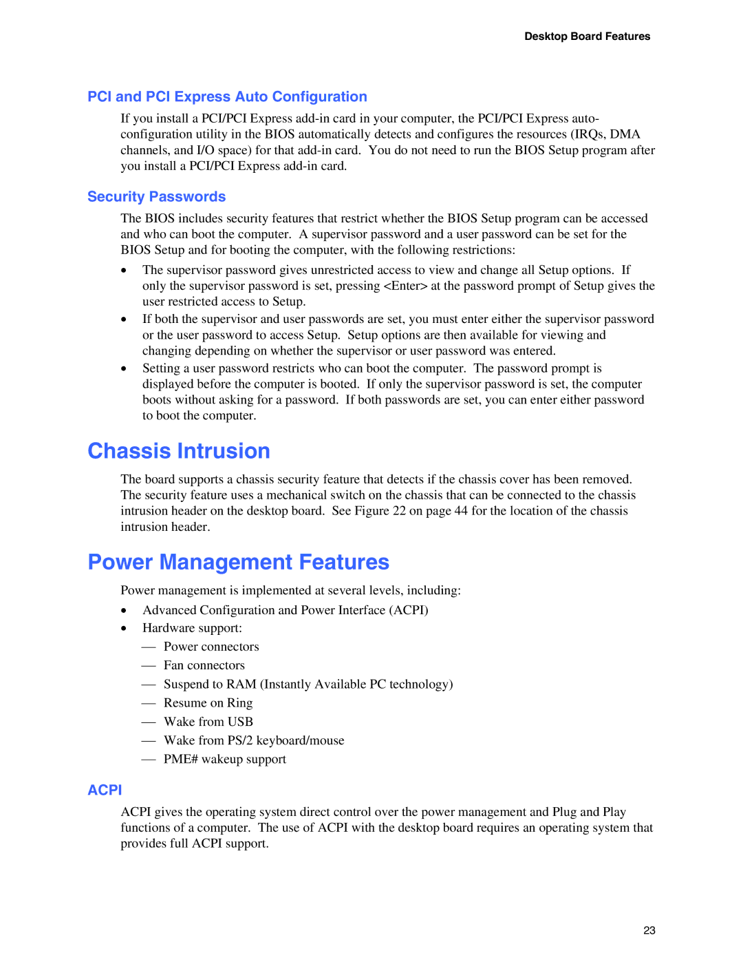 Intel D915GAV Chassis Intrusion, Power Management Features, PCI and PCI Express Auto Configuration, Security Passwords 