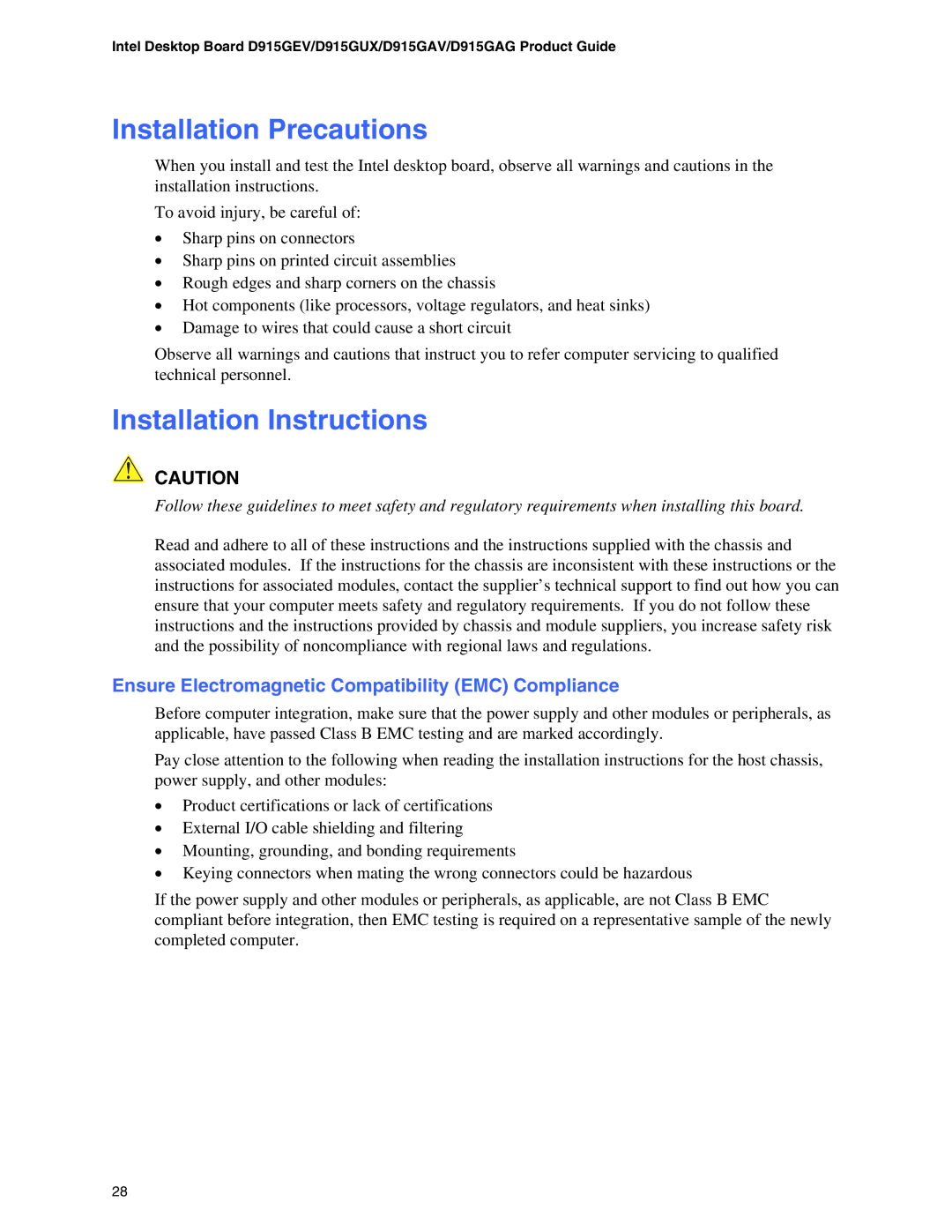 Intel D915GAG Installation Precautions, Installation Instructions, Ensure Electromagnetic Compatibility EMC Compliance 