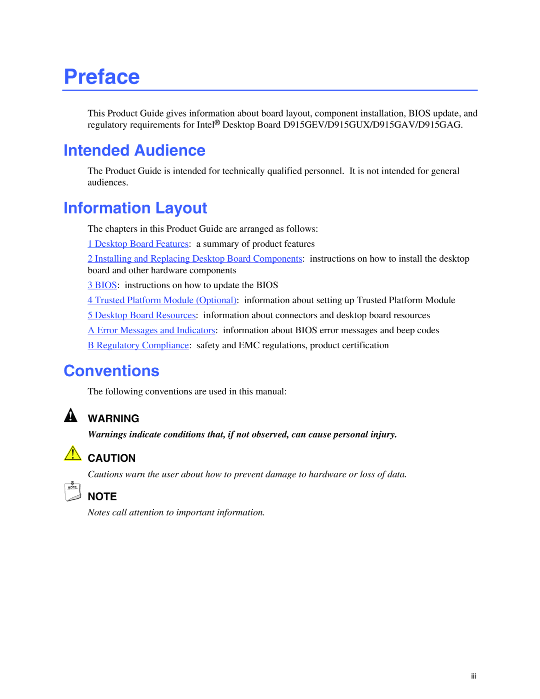 Intel D915GAV, D915GAG, D915GUX, D915GEV manual Preface, Intended Audience, Information Layout, Conventions 