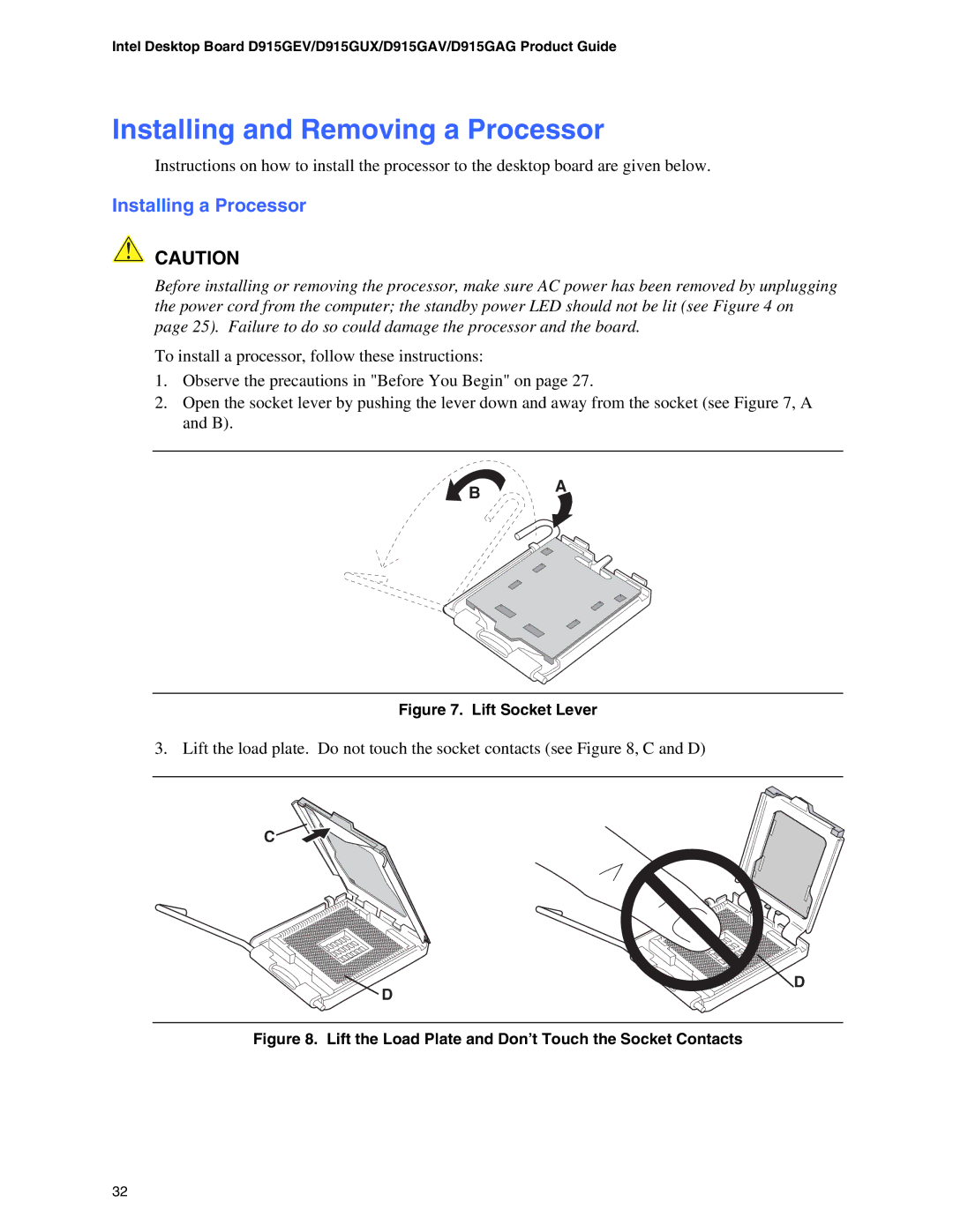 Intel D915GAG, D915GUX, D915GEV, D915GAV manual Installing and Removing a Processor, Installing a Processor 