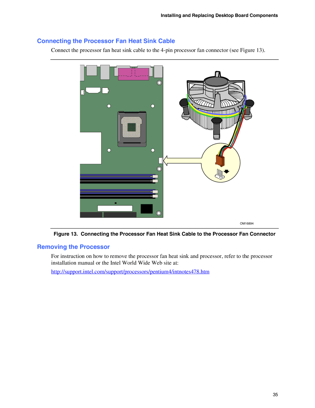 Intel D915GAV, D915GAG, D915GUX, D915GEV manual Connecting the Processor Fan Heat Sink Cable, Removing the Processor 