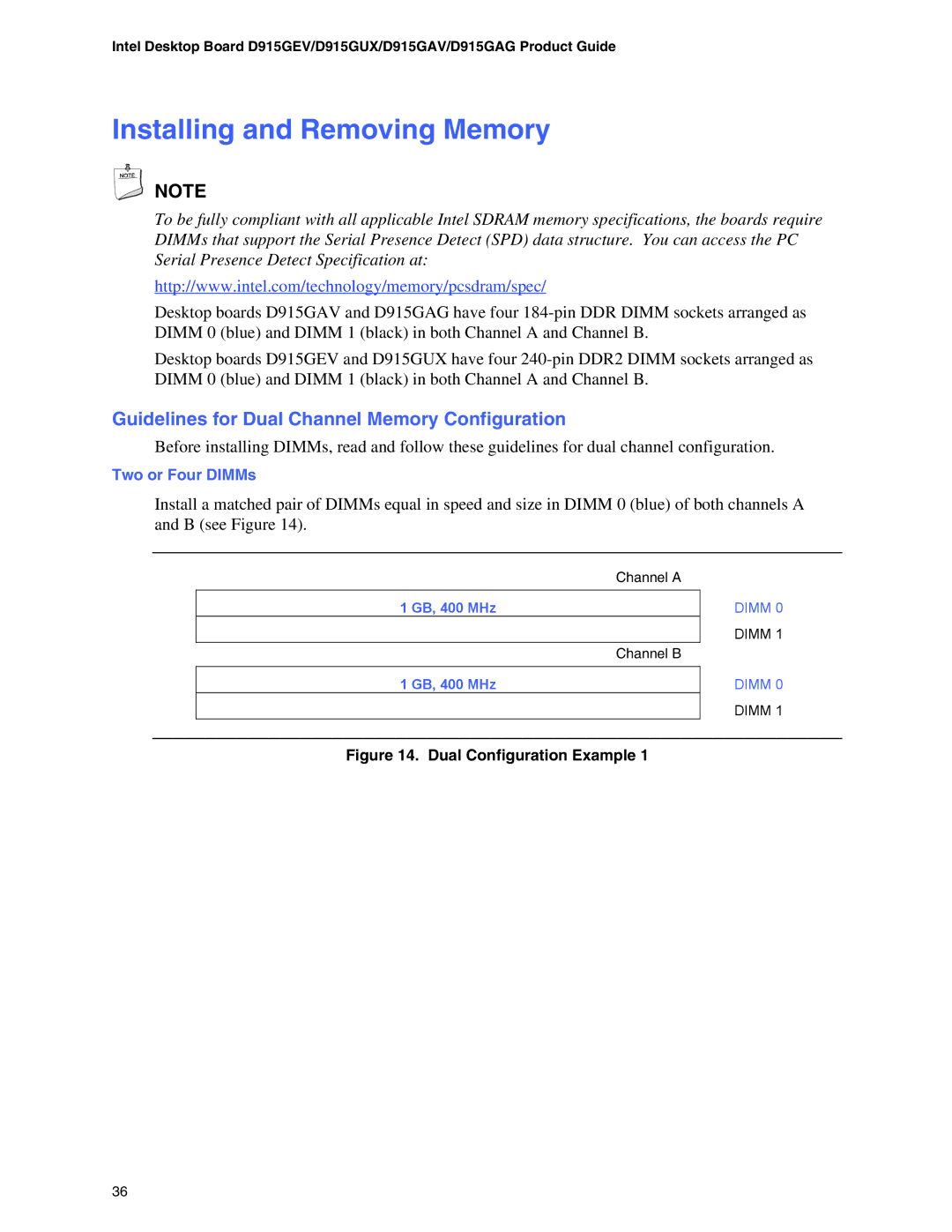 Intel D915GAG, D915GUX, D915GEV, D915GAV Installing and Removing Memory, Guidelines for Dual Channel Memory Configuration 