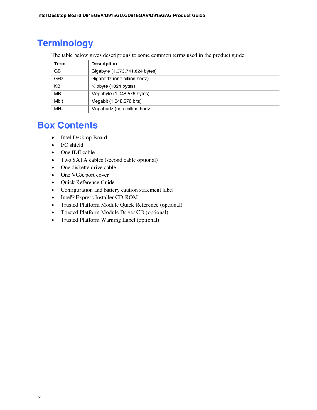 Intel D915GAG, D915GUX, D915GEV, D915GAV manual Terminology, Box Contents 