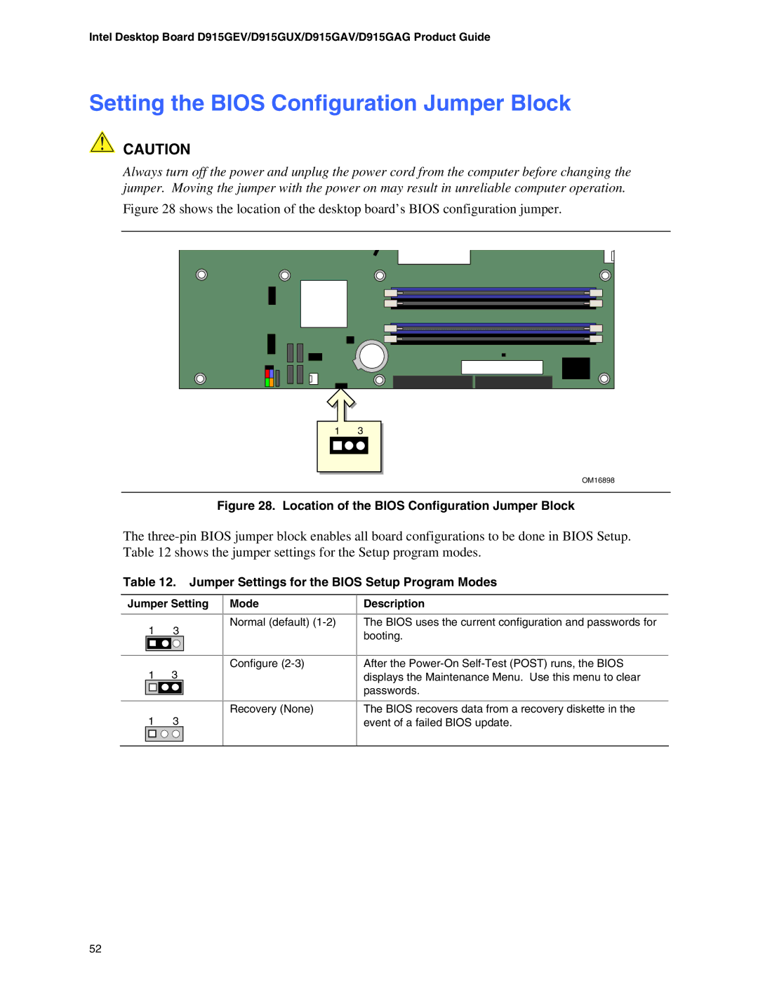 Intel D915GAG, D915GUX manual Setting the Bios Configuration Jumper Block, Jumper Settings for the Bios Setup Program Modes 