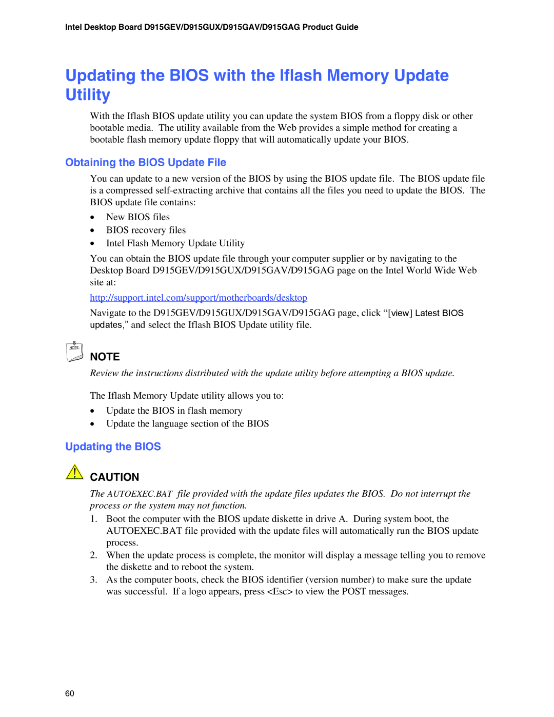 Intel D915GAG, D915GUX, D915GEV Updating the Bios with the Iflash Memory Update Utility, Obtaining the Bios Update File 