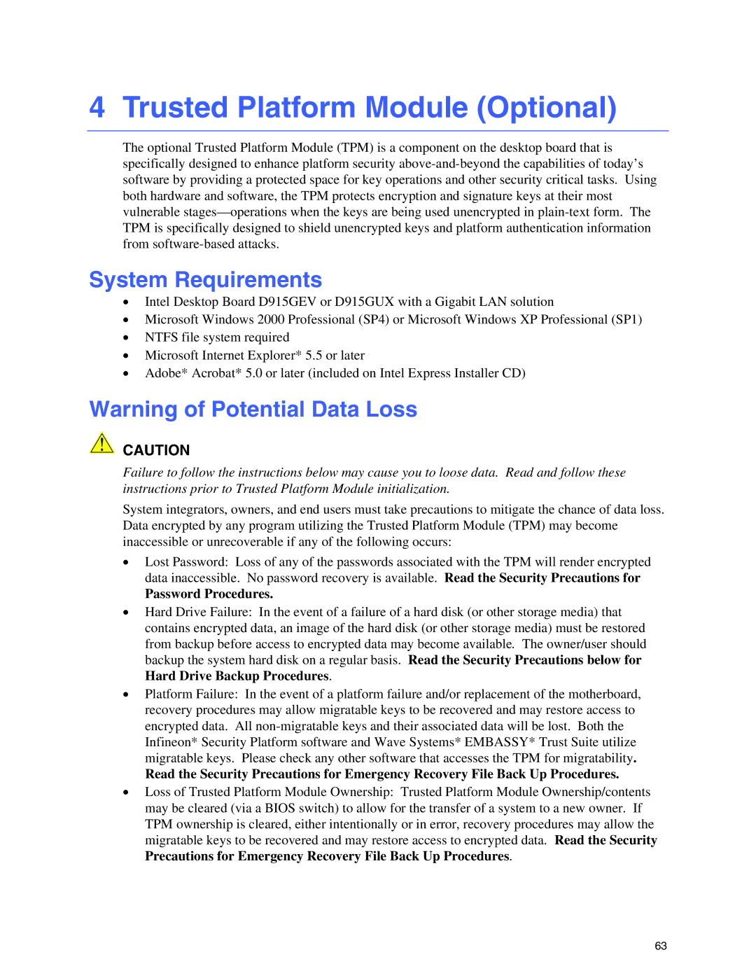 Intel D915GAV, D915GAG, D915GUX, D915GEV manual Trusted Platform Module Optional, System Requirements 