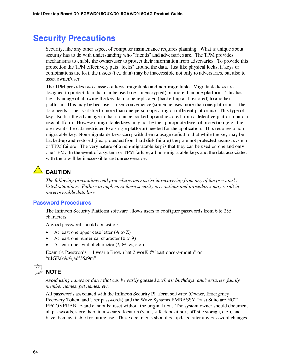 Intel D915GAG, D915GUX, D915GEV, D915GAV manual Security Precautions, Password Procedures 