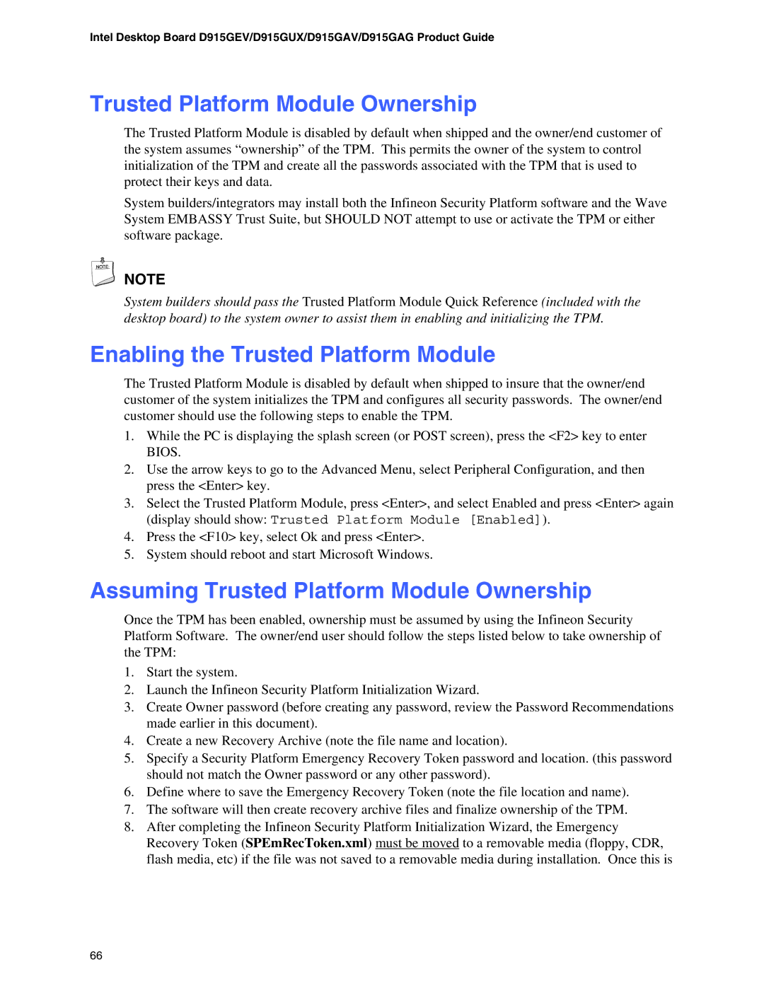 Intel D915GEV, D915GAG, D915GUX, D915GAV manual Trusted Platform Module Ownership, Enabling the Trusted Platform Module 