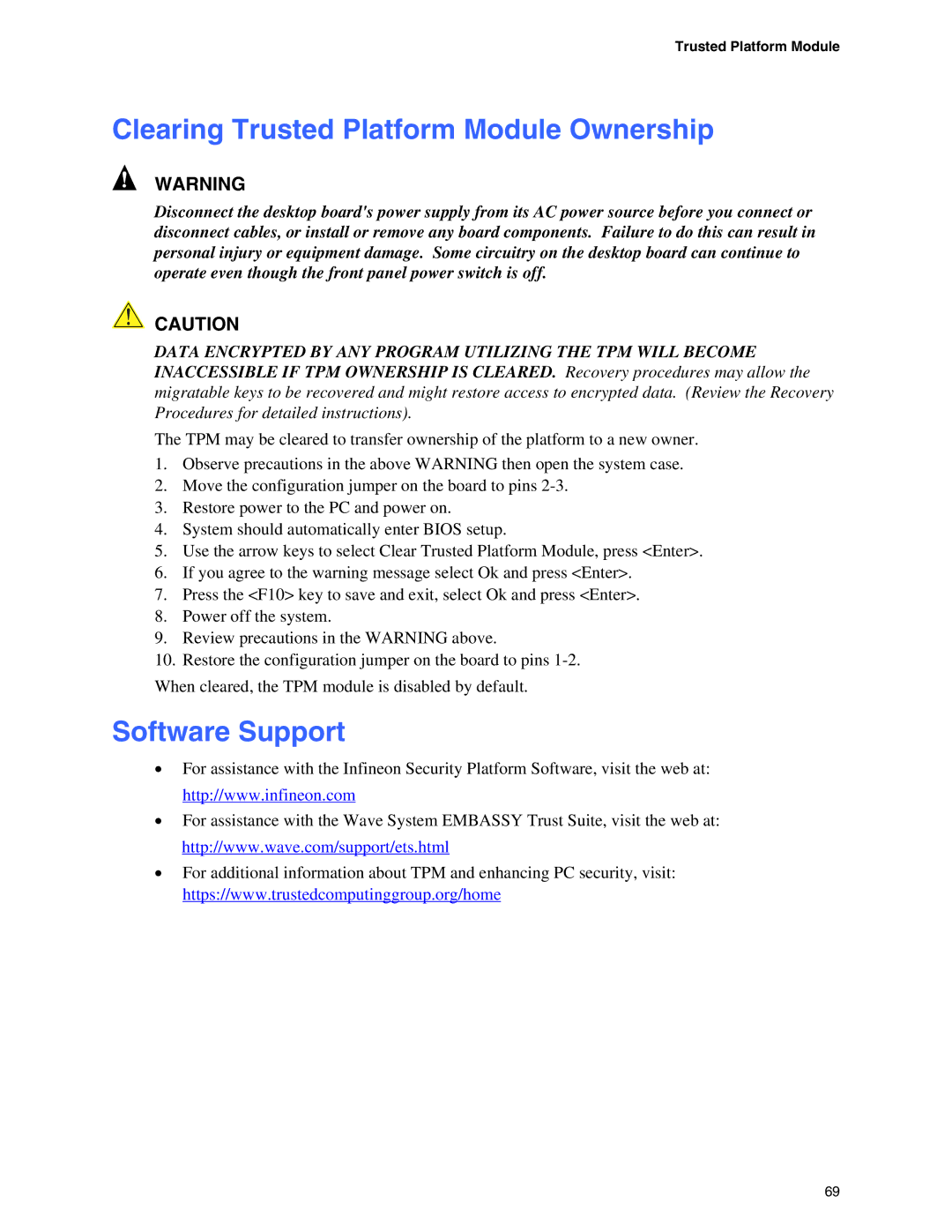 Intel D915GUX, D915GAG, D915GEV, D915GAV manual Clearing Trusted Platform Module Ownership, Software Support 