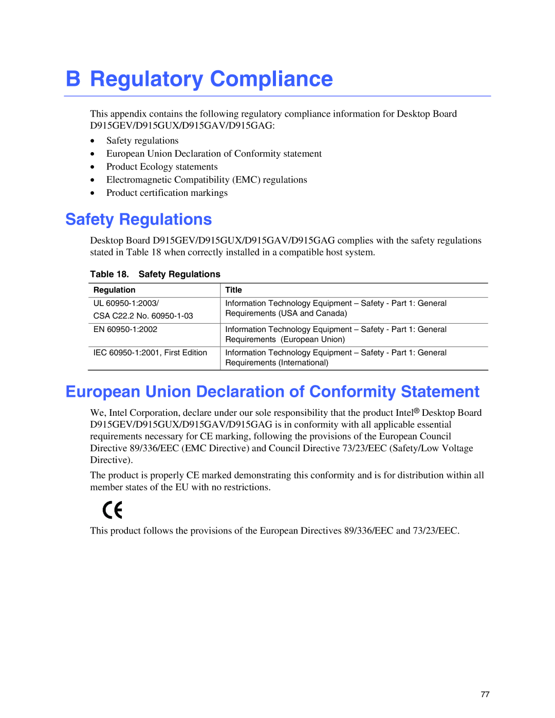 Intel D915GUX, D915GAG manual Regulatory Compliance, Safety Regulations, European Union Declaration of Conformity Statement 