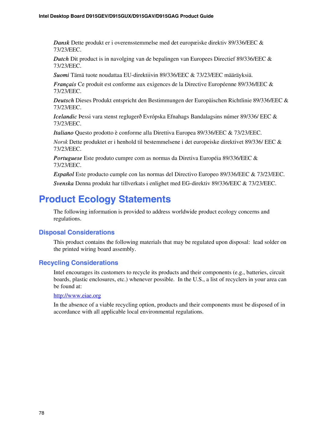 Intel D915GEV, D915GAG, D915GUX, D915GAV manual Product Ecology Statements, Disposal Considerations, Recycling Considerations 