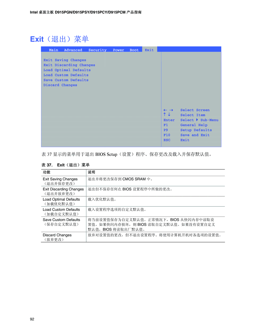 Intel D915PSY, D915PCM, D915PCY, D915PGN manual Exit, Main Advanced Security Power Boot 