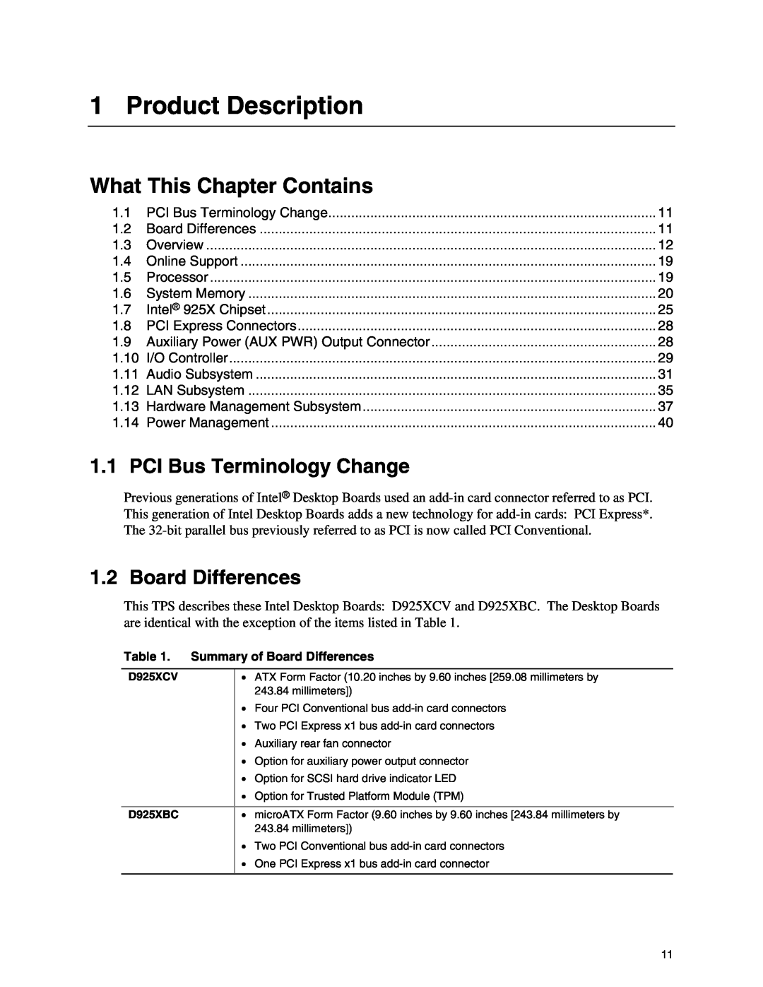 Intel D925XBC, D925XCV Product Description, What This Chapter Contains, PCI Bus Terminology Change, Board Differences 