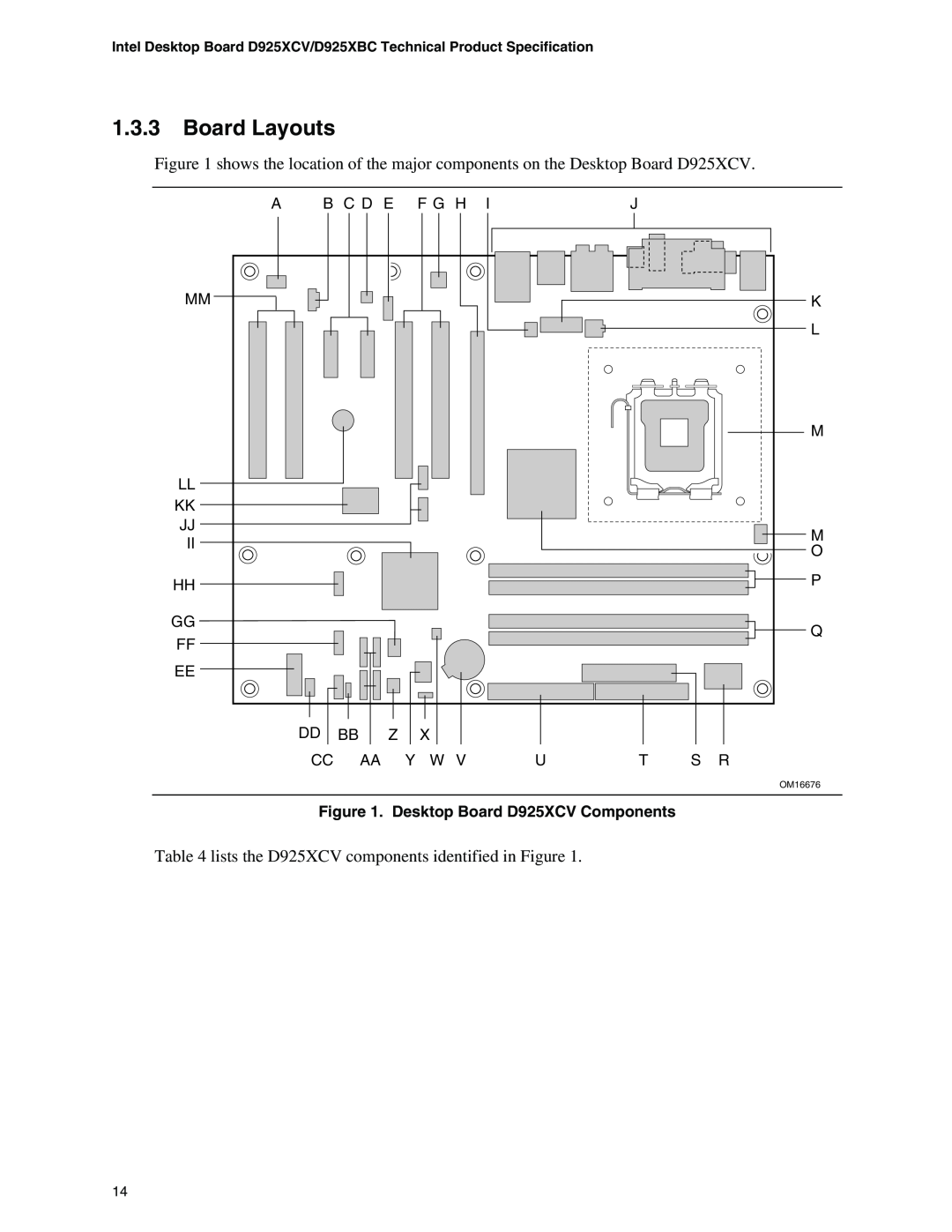 Intel D925XBC Board Layouts, lists the D925XCV components identified in Figure, Desktop Board D925XCV Components 