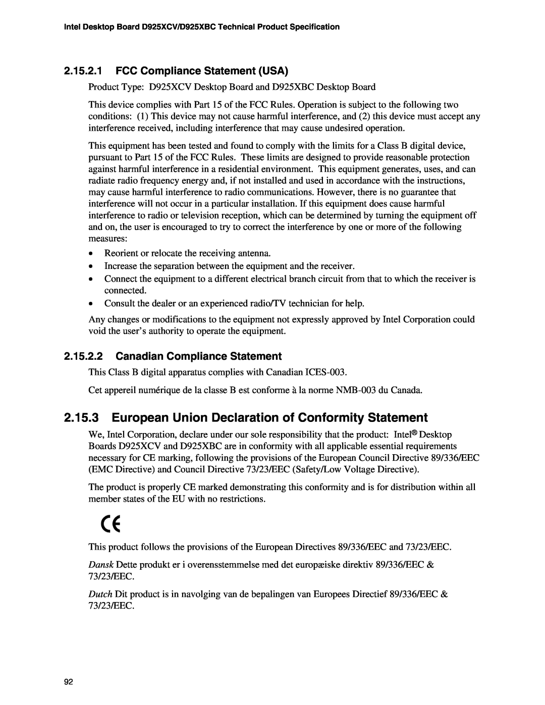 Intel D925XCV, D925XBC specifications European Union Declaration of Conformity Statement, FCC Compliance Statement USA 