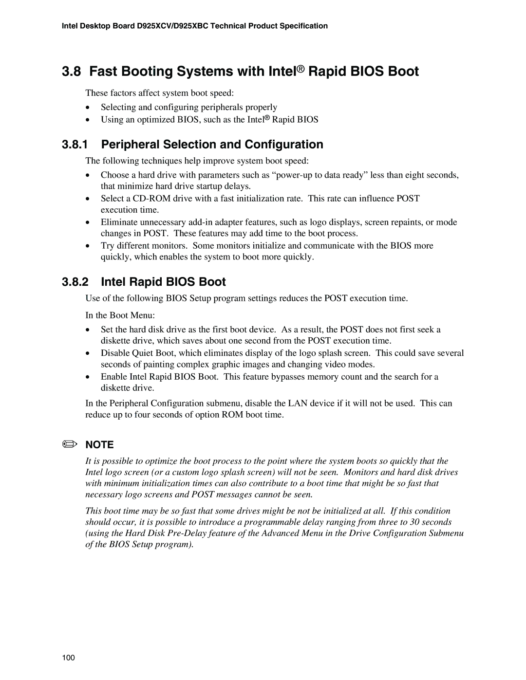 Intel D925XCV, D925XBC Fast Booting Systems with Intel Rapid Bios Boot, Peripheral Selection and Configuration 