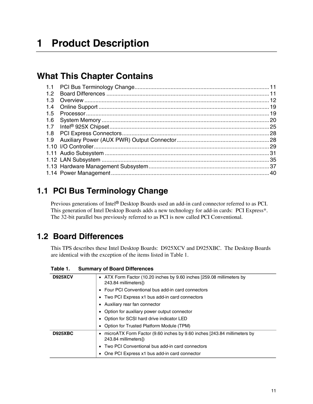 Intel D925XBC, D925XCV specifications PCI Bus Terminology Change, Summary of Board Differences 