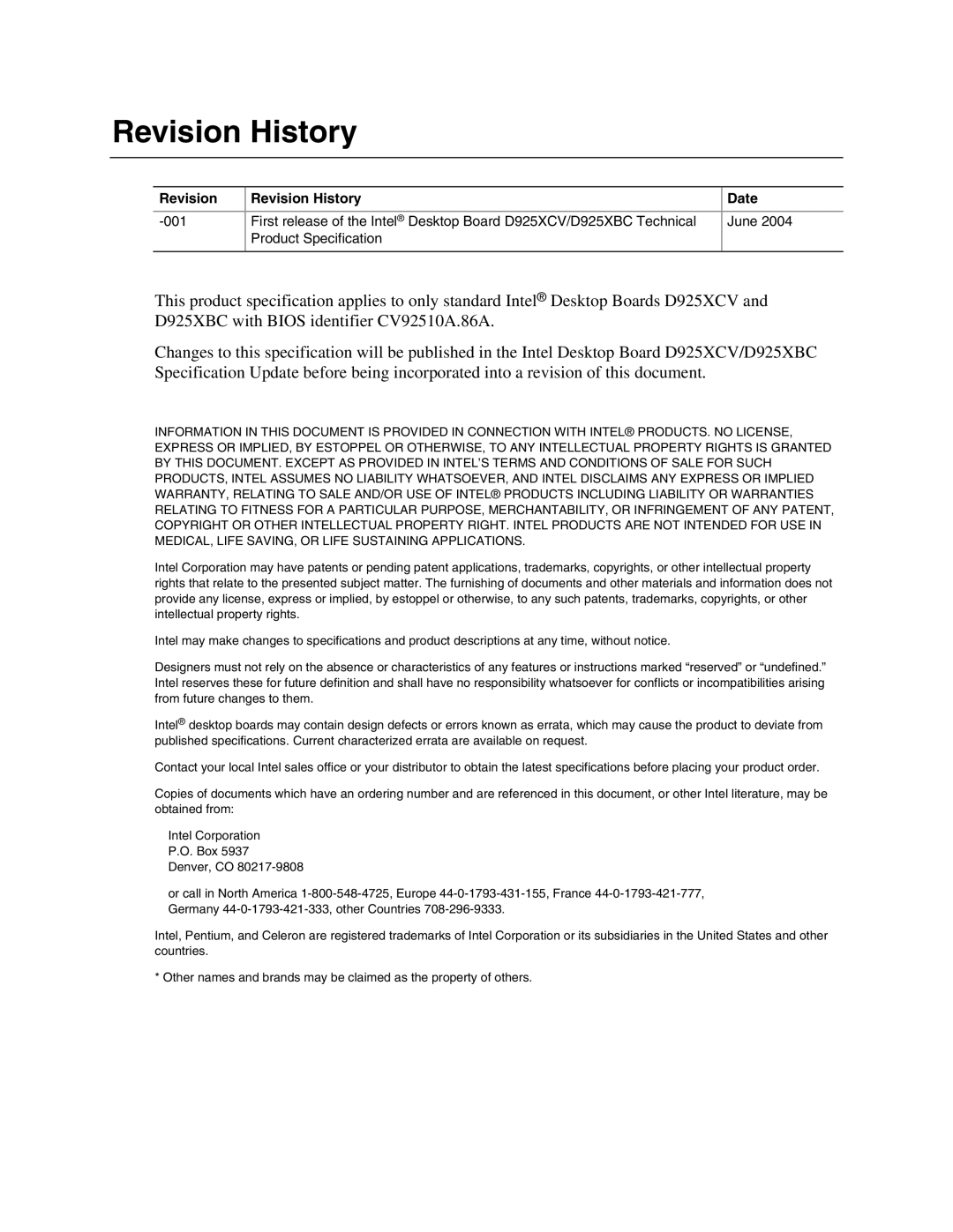 Intel D925XCV, D925XBC specifications Revision Revision History Date 