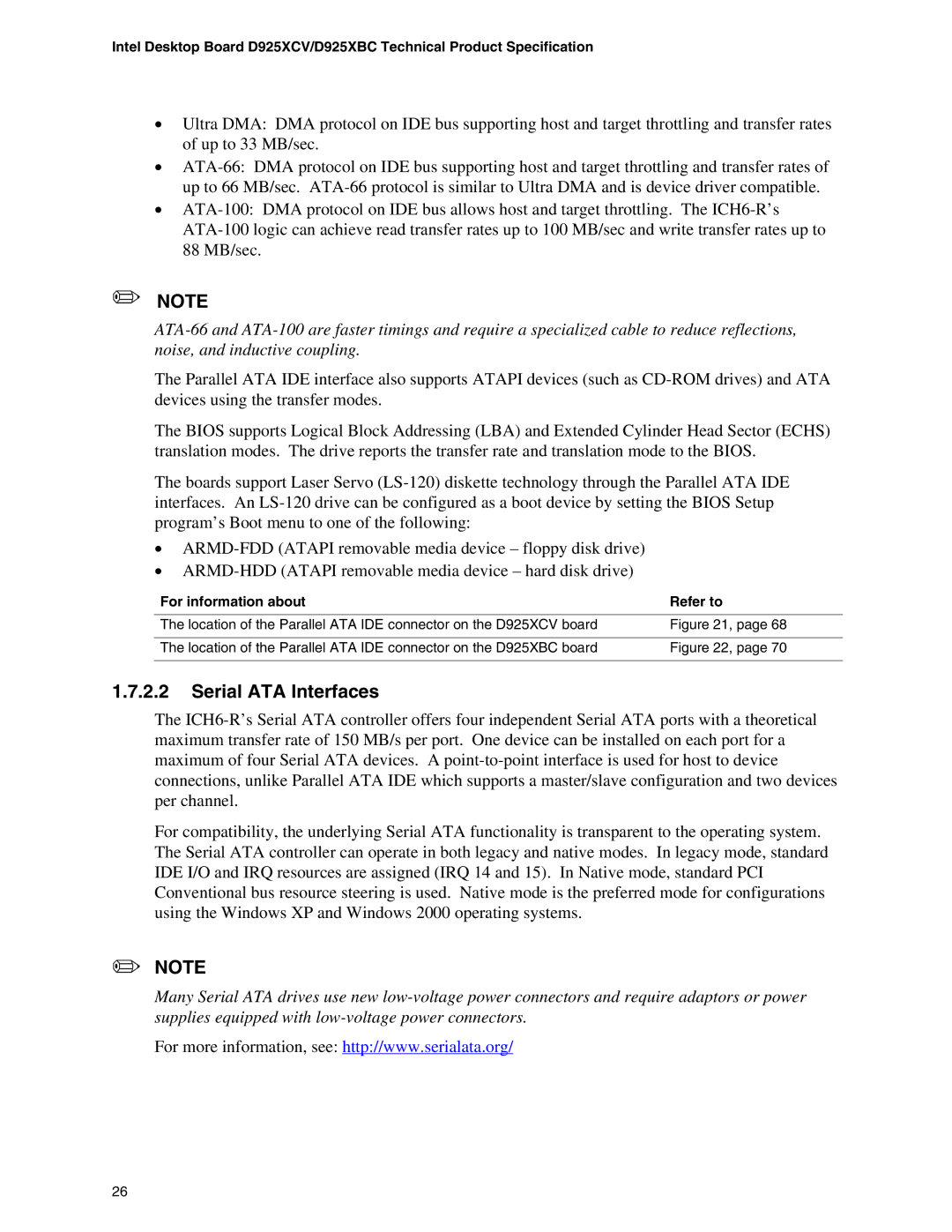 Intel D925XCV, D925XBC specifications Serial ATA Interfaces 