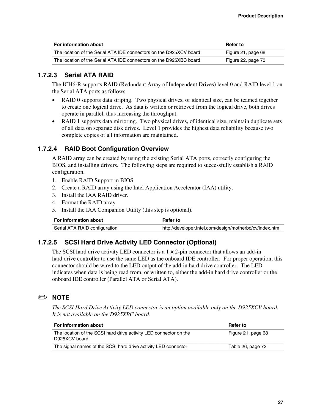 Intel D925XBC, D925XCV Serial ATA RAID, RAID Boot Configuration Overview, Scsi Hard Drive Activity LED Connector Optional 