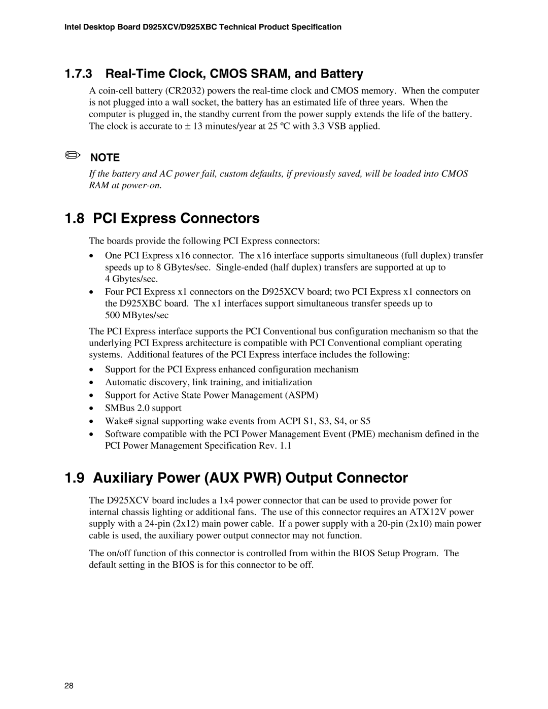 Intel D925XCV PCI Express Connectors, Auxiliary Power AUX PWR Output Connector, Real-Time Clock, Cmos SRAM, and Battery 