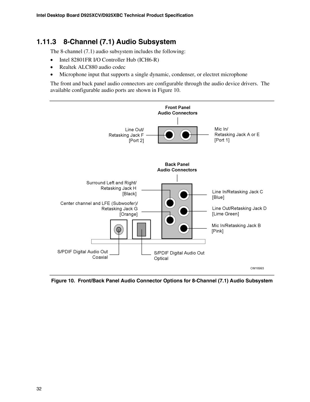 Intel D925XCV, D925XBC specifications 11.3 8-Channel 7.1 Audio Subsystem, Back Panel Audio Connectors 