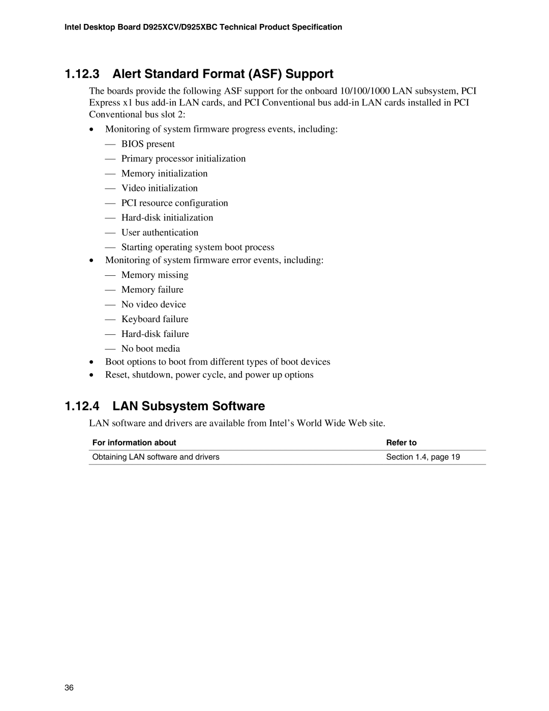 Intel D925XCV, D925XBC specifications Alert Standard Format ASF Support, LAN Subsystem Software 