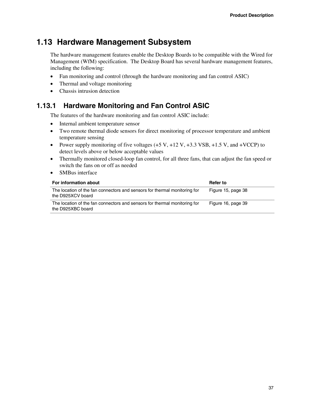 Intel D925XBC, D925XCV specifications Hardware Management Subsystem, Hardware Monitoring and Fan Control Asic 