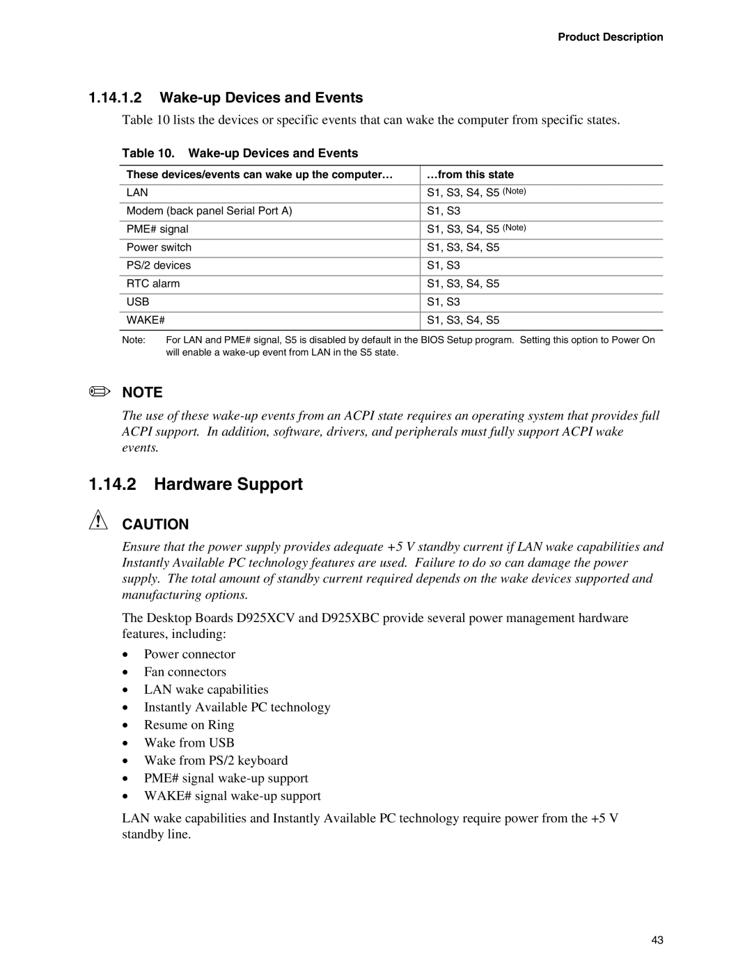 Intel D925XBC, D925XCV specifications Hardware Support, Wake-up Devices and Events 