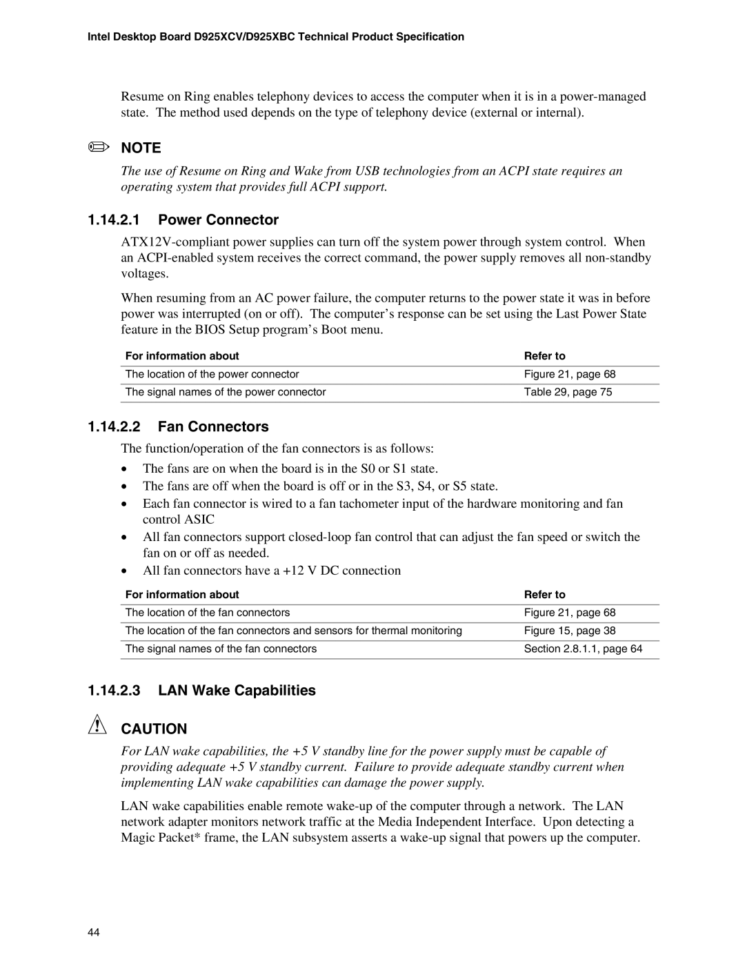 Intel D925XCV, D925XBC specifications Power Connector, Fan Connectors, LAN Wake Capabilities 