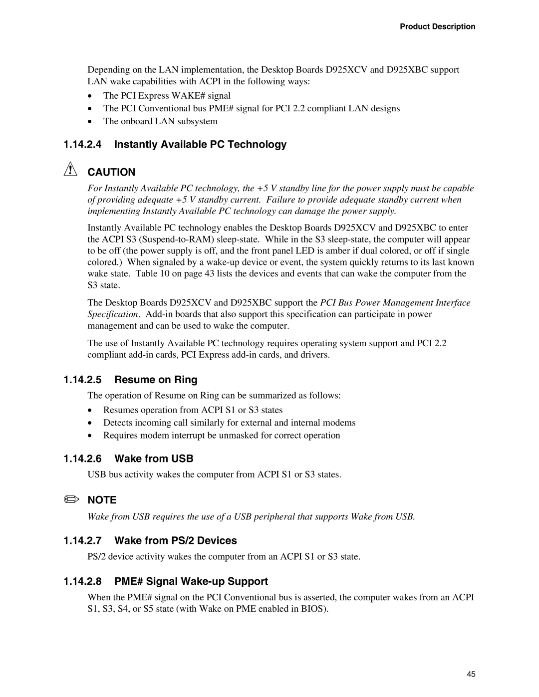 Intel D925XBC, D925XCV Instantly Available PC Technology, Resume on Ring, Wake from USB, Wake from PS/2 Devices 