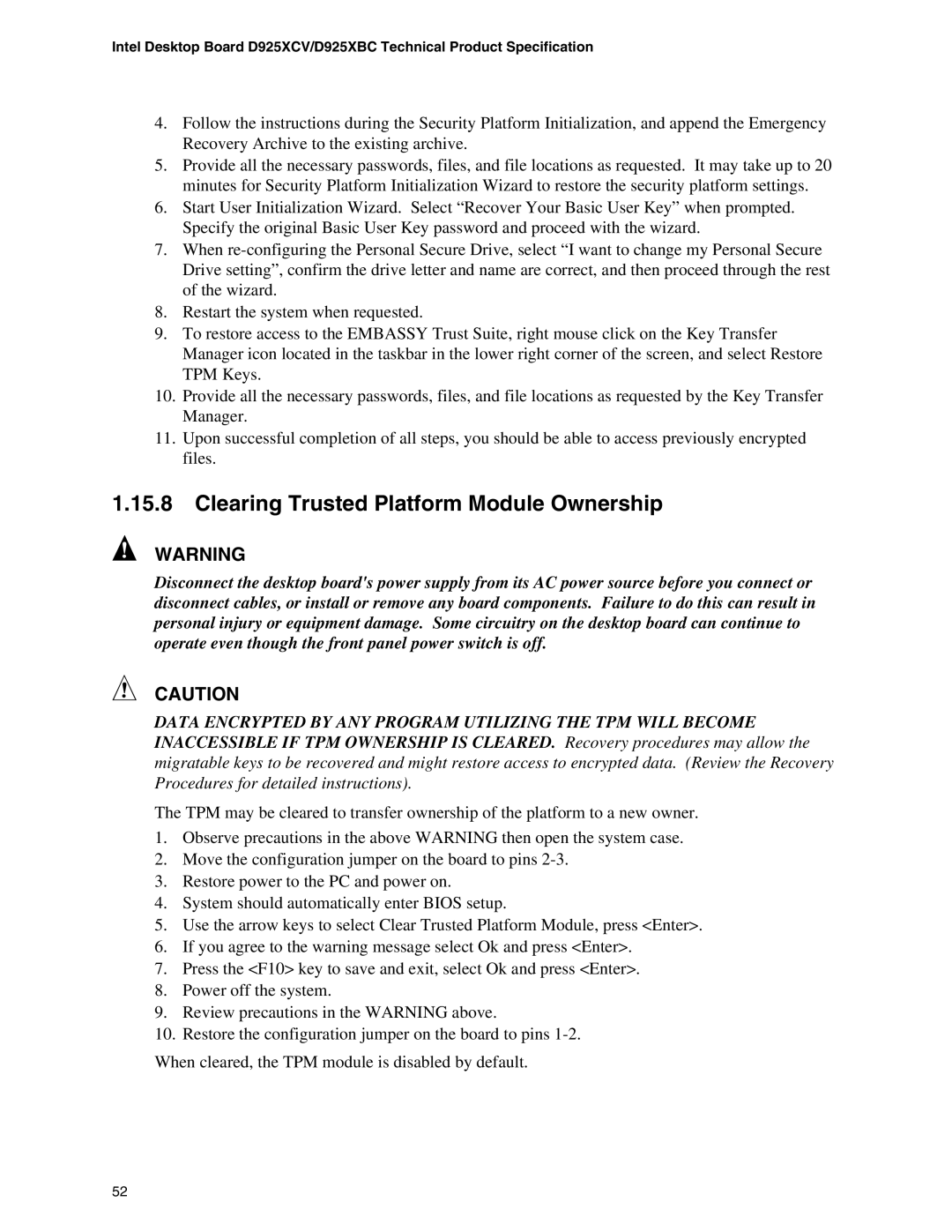 Intel D925XCV, D925XBC specifications Clearing Trusted Platform Module Ownership 